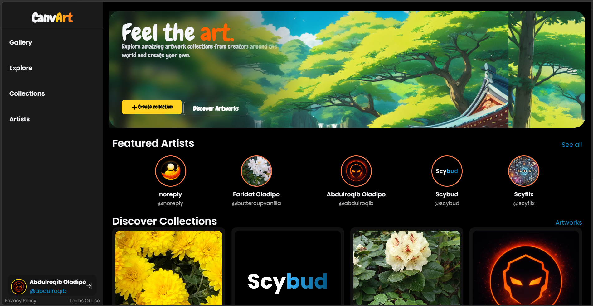 Screenshot placeholder of the CanvArt Collections page showing artwork grouped into collection cards