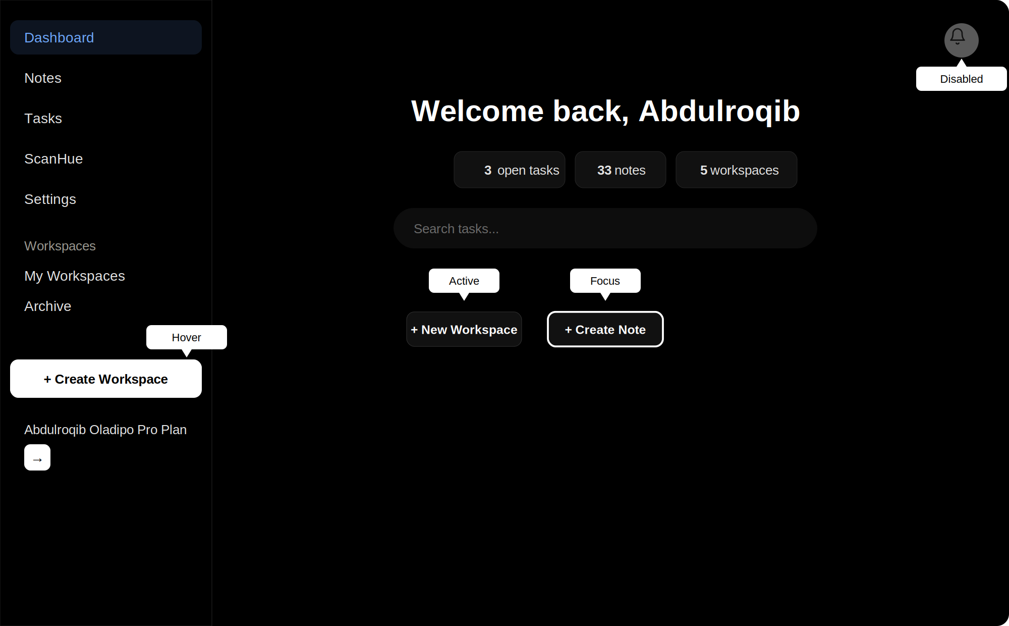 Dashboard showing interactive button states