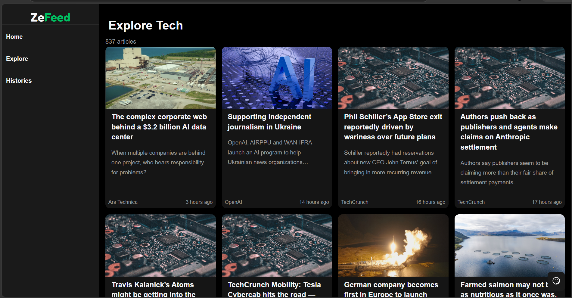 Screenshot placeholder of the ZeFeed Explore Tech page showing a grid of article cards with images and metadata