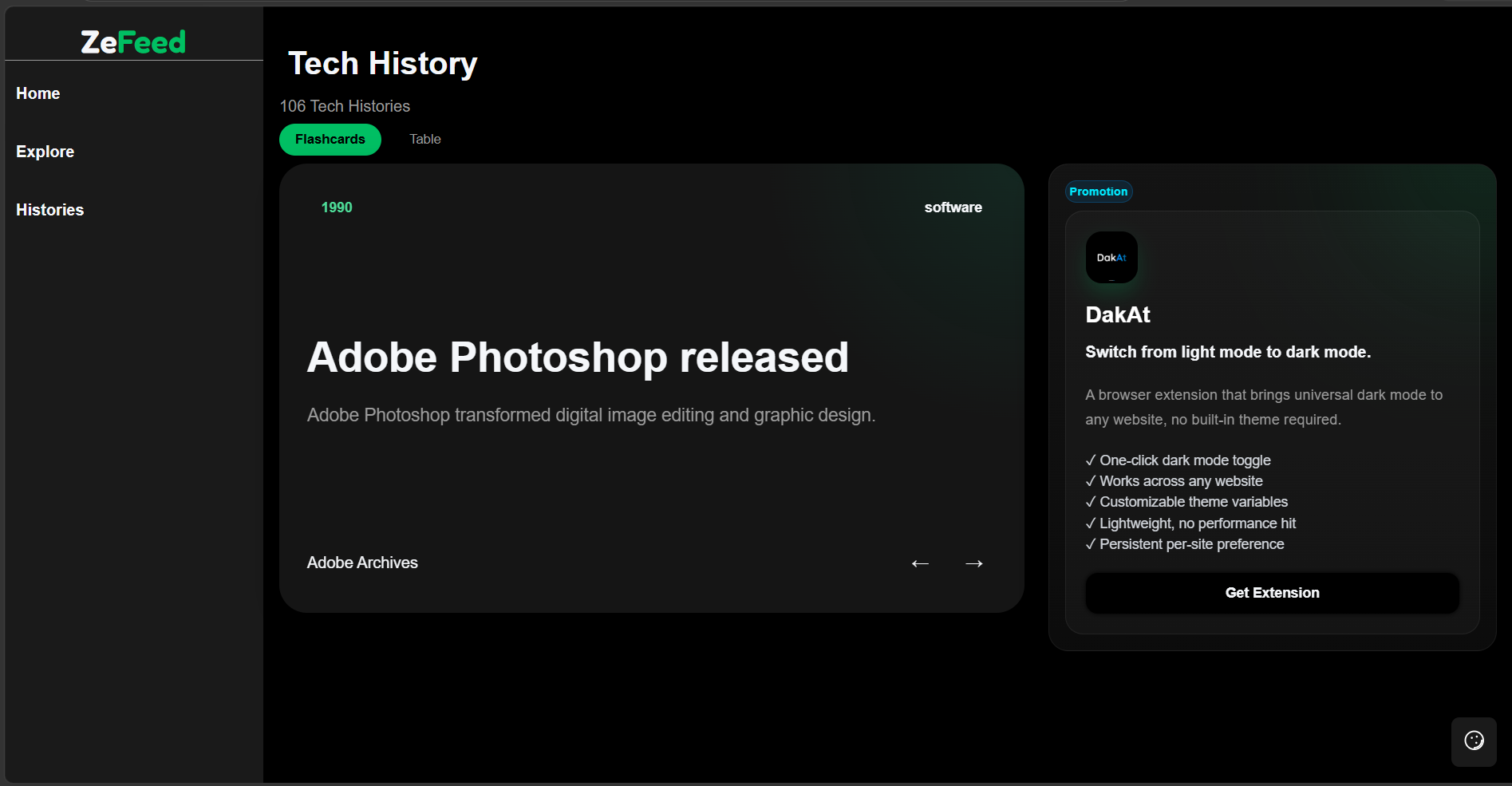 Screenshot placeholder of the ZeFeed Tech History page showing a sidebar, a featured history entry, and supporting entries